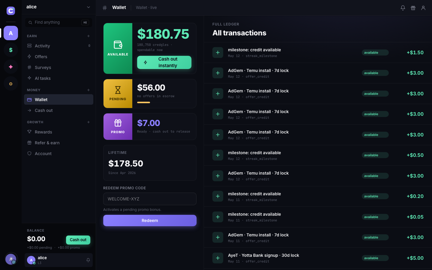 The credgle wallet — Available / Pending / Promo buckets with bucket gradient cards